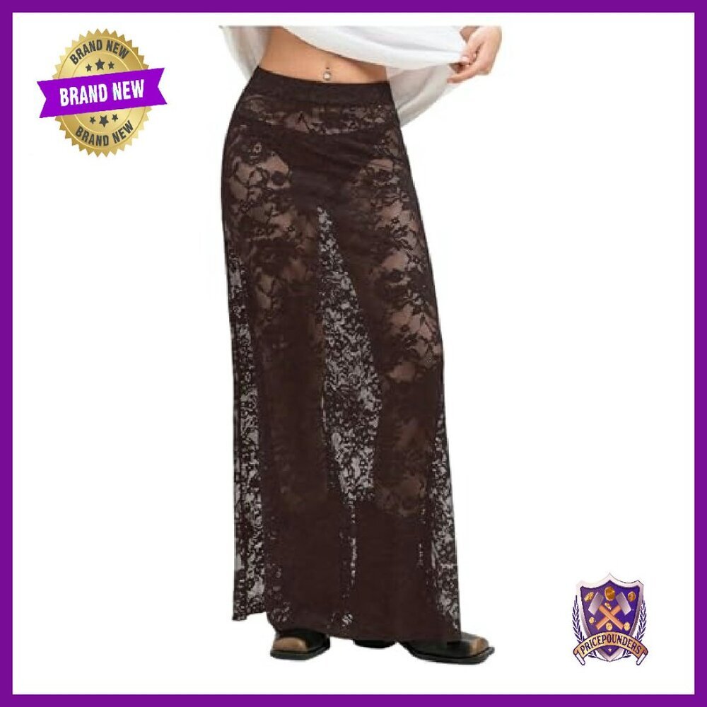 Sheer Mesh Lace Maxi Skirt Y2K See Through Flowy Long Skirt - Picture 2 of 6